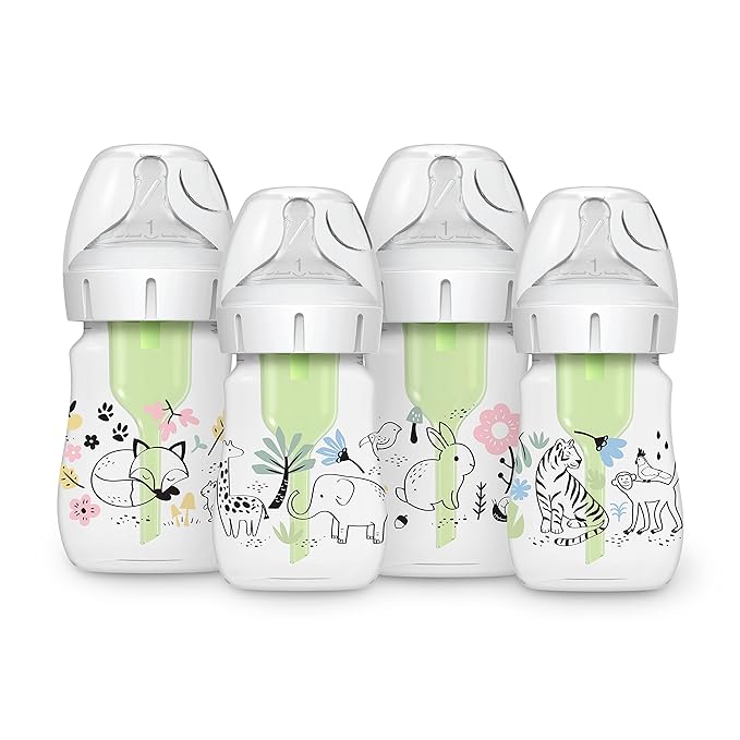 Dr. Brown's Anti-Colic Options + Wide-Neck Baby Bottle Designer Edition, Woodland + Jungle, 5 oz/150 mL, Level 1 Slow Flow Nipple, 0m+, 4-Pack