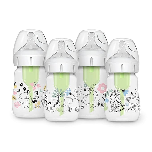 Dr. Brown's Anti-Colic Options + Wide-Neck Baby Bottle Designer Edition, Woodland + Jungle, 5 oz/150 mL, Level 1 Slow Flow Nipple, 0m+, 4-Pack