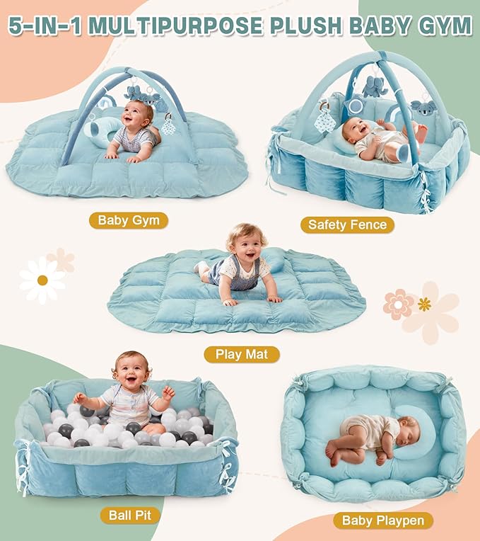 5-in-1 Baby Play Gym and Tummy Time Mat, Tummy Time Pillow & 12 Learning Cards, Plush Activity Mat with 6 Toys, Baby Gym, Convertible to Ball Pit, Baby Gift, Blue