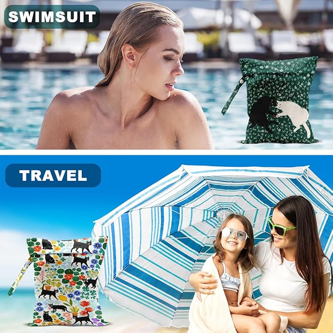 Hanamiya Na 2Pcs Cat Floral Print Wet Bags, Cat Lover Gifts Wet Dry Bag Reusable Zipper Pouch for Swimsuit, Diapers, Beach, Dirty Yoga Gym Clothes, Toiletries, Waterproof Birthday Christmas Gifts