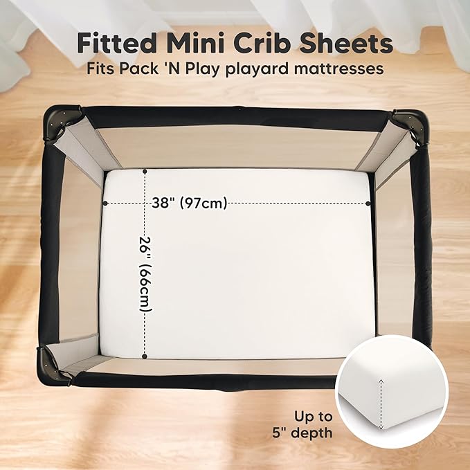 2 Pack and Play Sheets, Waterproof Mini Crib Sheets Fitted - 38x26 Organic Cotton Pack N Play Sheets for Graco Pack and Play Mattress, Playard Baby Crib Sheets,Neutral for Boy,Girl,Toddler(Soft White)
