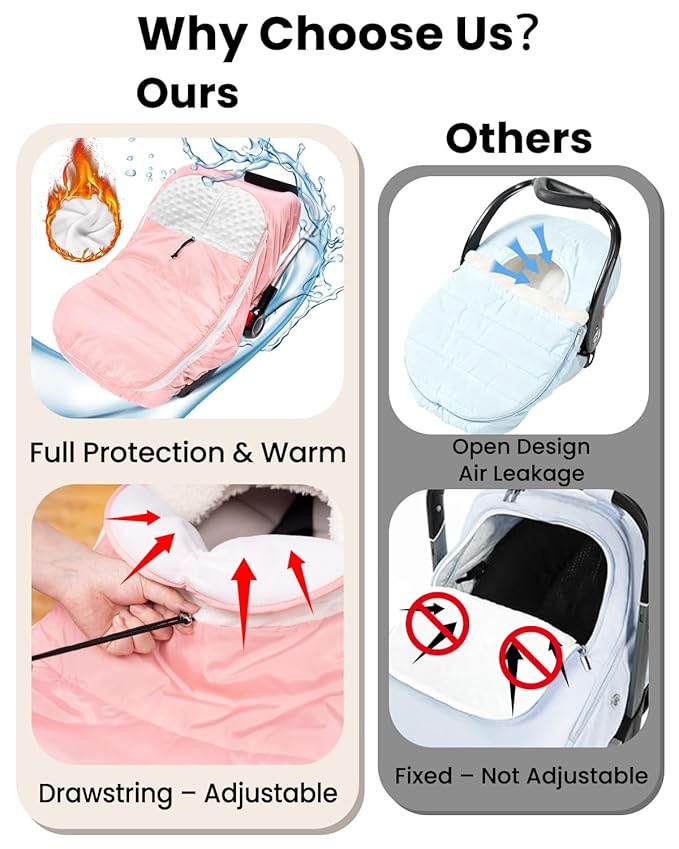 TinyPalsa Winter Baby Carseat Cover, Warm Cozy Infant Car Seat Covers with Plush Lining for Cold Weather, Waterproof Carseat Canopy with Adjustable Collar, Universal Fit for Boys & Girls (Pink)