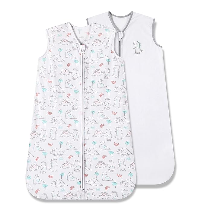 TILLYOU 2 Pack Baby Sleep Sack 18-24 Months 100% Cotton Wearable Blanket 0.5 TOG Sleeveless Summer Sleep Sacks with 2-Way Zipper, Woodland Dinosaurs