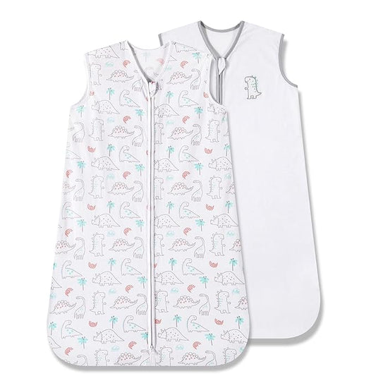 TILLYOU 2 Pack Baby Sleep Sack 18-24 Months 100% Cotton Wearable Blanket 0.5 TOG Sleeveless Summer Sleep Sacks with 2-Way Zipper, Woodland Dinosaurs