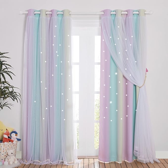 NICETOWN Kids Room Decor for Girls, White Gauze & Blackout Drapes Assembled, Star Cut Curtain Panels with Versatile Styling Options (Purple & Blue & Yellow, Each is W52 x L84, Sold by 2 Panels)