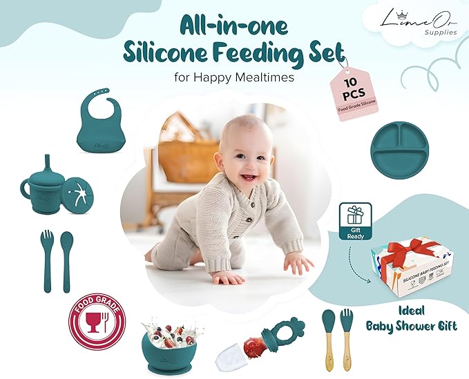 Silicone Baby Feeding Set, 10 Pcs Baby Led Weaning Supplies | BPA-Free Baby Dishes with Toddler Plates and Bowls Set, Silicone Bib, Suction Cup, Baby Spoons & Forks | Empower Independence – Green