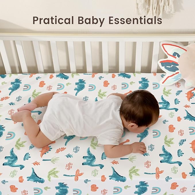 david's kids 3 Pack Fitted Crib Sheets, Ultra Soft Breathable Comfortable Baby Sheet Set for Boys Girls Neutral, 28x52 Inch Fits Standard Crib and Toddler Mattresses, Dinosaur Blue