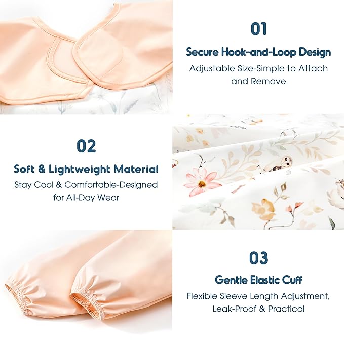 GRSSDER 2 Pack Long Sleeve Baby Feeding Bibs, Super Soft Lightweight Waterproof Coverall Baby Led Weaning Bib with Large Food Catcher Pocket, Adjustable and Easy Clean for 6-30 Months