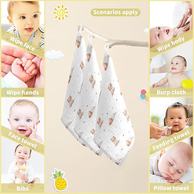 vvfelixl Baby Washcloths Cotton Cute Sleeping Teddy Bears Baby Muslin Washcloths Soft Baby Face Towel for Newborn Infants Baby Wipes, 11.8 X 11.8 inch, one sizex3