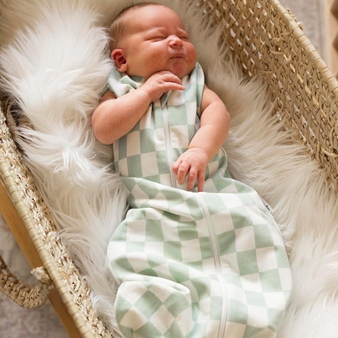 Tiny Twinkle Baby Sleep Sack 3-6 Months 1.0 TOG | Cotton & Elastane Wearable Blanket, Swaddle Transition Micro-Fleece, Machine Washable (Sage Checkers)