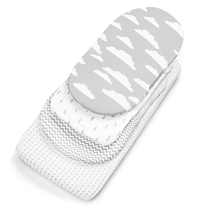 BaeBae Goods Premium Bassinet Fitted Sheet Set - 4 Pack 100% Jersey Knit - Grey and White - Chevron Pattern - Standard Size Oval or Halo Bassinet Pads