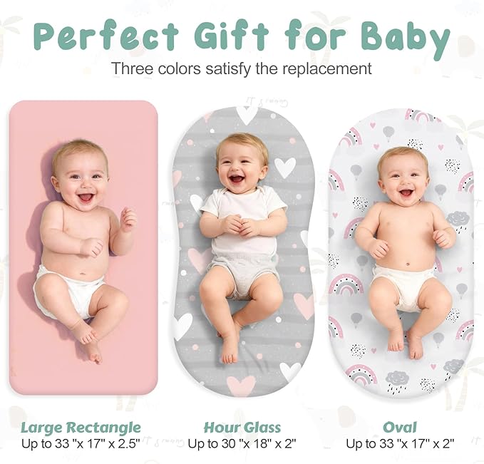 3 Pack Stretchy Bassinet Sheets - Universal Fit for Rectangle, Round, Oval, Hourglass Cradles & Moses Baskets - Soft Breathable Fitted Bassinet Sheets Set for Baby - Pink & Grey Heart