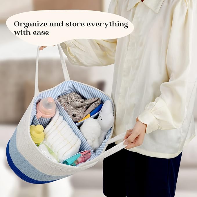 luxury little Diaper Caddy Organizer, Large Cotton Rope Nursery Baby Basket, Changing Table Organizer for Baby Diaper Storage, Portable Car Organizer Removable Divider (Blue, Extra Large)