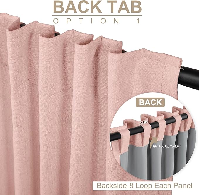 100% Blackout Shield Linen Blackout Curtains for Bedroom 90 Inches Long, Back Tab/Rod Pocket Living Room Drapes, Thermal Insulated Blackout Curtains 1 Panel Set, 100" W x 90" L, Blush Pink