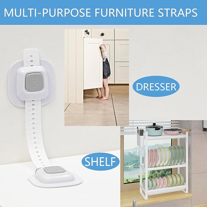 YEYA No Drill Anti Tip Furniture Adjustable Straps Wall Anchors for Baby Proofing with Strong 3M Adhesive Backing (Upgraded 4P)
