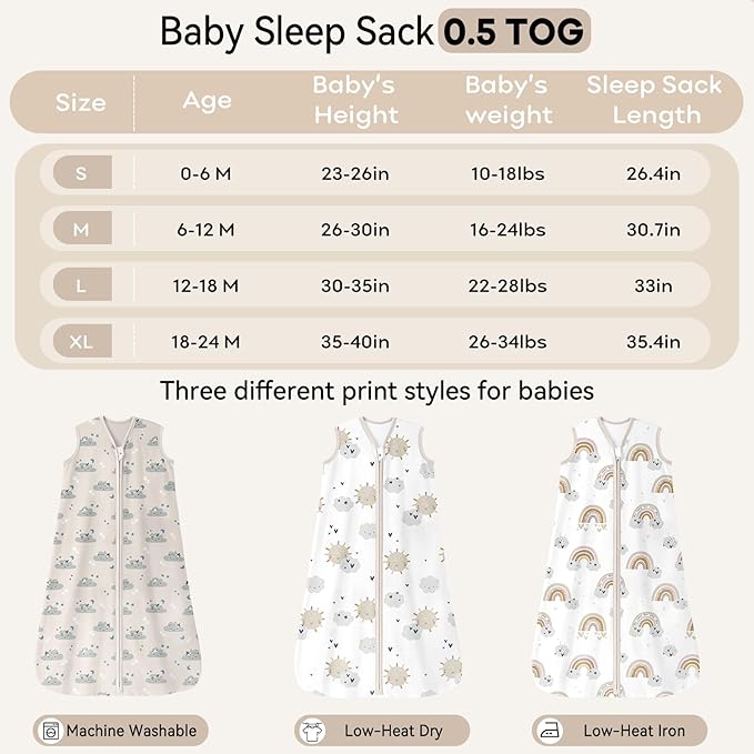 Unnivoll Baby Sleep Sack 6-12 Months 0.5 Tog Wearable Blanket Baby, 3 Pack 100% Cotton Lightweight Sleeping Sack with 2-Way Zipper for Newborn Infant Apricot White Sun Clouds