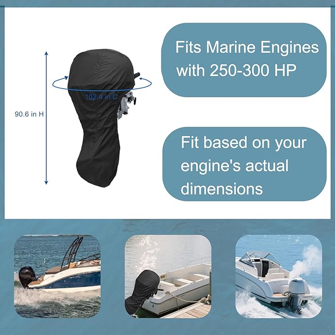 Waterproof Outboard Boat Motor Cover for 250-300HP 102.4 inch C * 90.6 inch H Heavy Duty Fade-Resistant Universal Fit Engine Protection