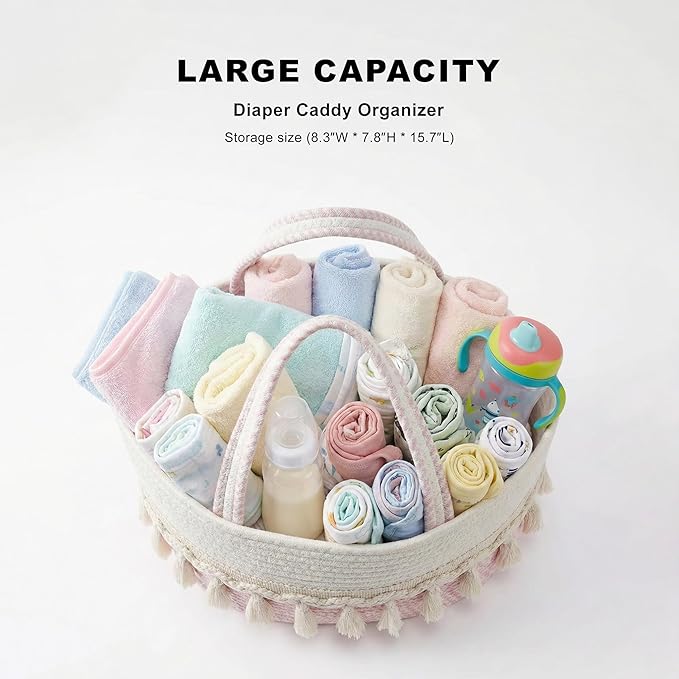 Diaper Caddy Organizer, Stylish Nursery Storage Basket, Baby Shower Basket with Tassel Decorative Appearance, Portable Storage Basket Suitable for Family and Car Travel (pinkish white)