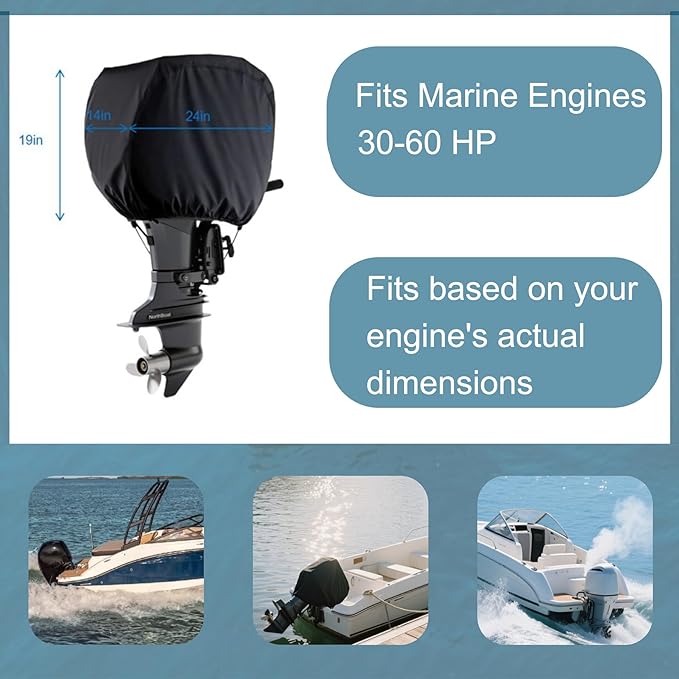 Universal 30-60 HP Outboard Motor Cover, 24×14×19 inches for Fishing Boats, Yachts & Workboats Dustproof Heavy-Duty Black UV Resistant Waterproof Boat Engine Protector with Adjustable Straps
