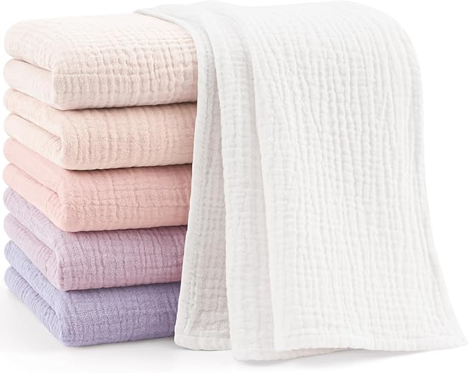 Bearmoss 6 Pack Muslin Burp Cloths and Baby Washcloths, 23.6" X 23.6" 100% Cotton Absorbent Large Baby Burping Cloths for Boy, Girl, Newborn Essentials (Purple)