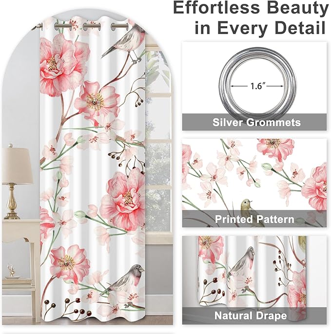 Blackout Curtains for Bedroom 84 Inches Long, Birds and Pink Floral Soundproof Blackout Curtains for Girls Room, Light Filtering Thermal Insulated Black Out Grommet Drapes 84 Inch Length 2 Panels Set