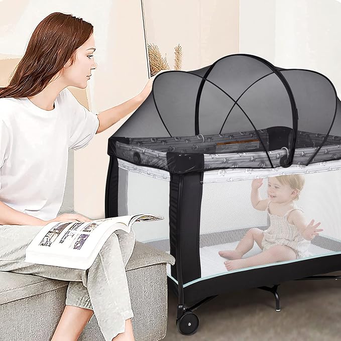 Beberoad Love Pack and Play Cover Playpen Mosquito Net Cover to Keep Cats Out Breathable Net Cover with 2-Way Zipper (Black)