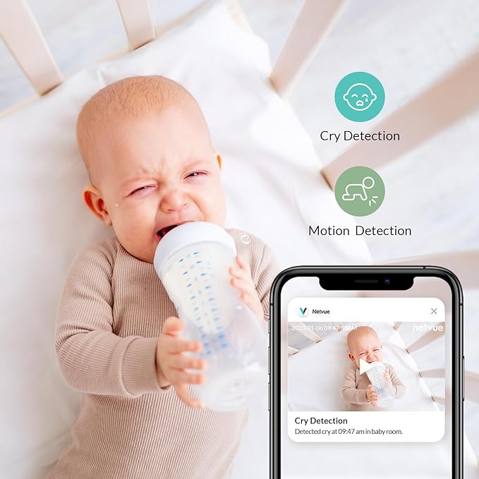 Baby Monitor with Camera and Audio, 5’’ Screen & App, 2.4GHz WiFi Secure Link, Sleep Tracking, Cry Detection, Night Vision, Temp & Humidity Monitor, 2-Way Talk, 5GB Cloud Storage, 4-in-1 Mount