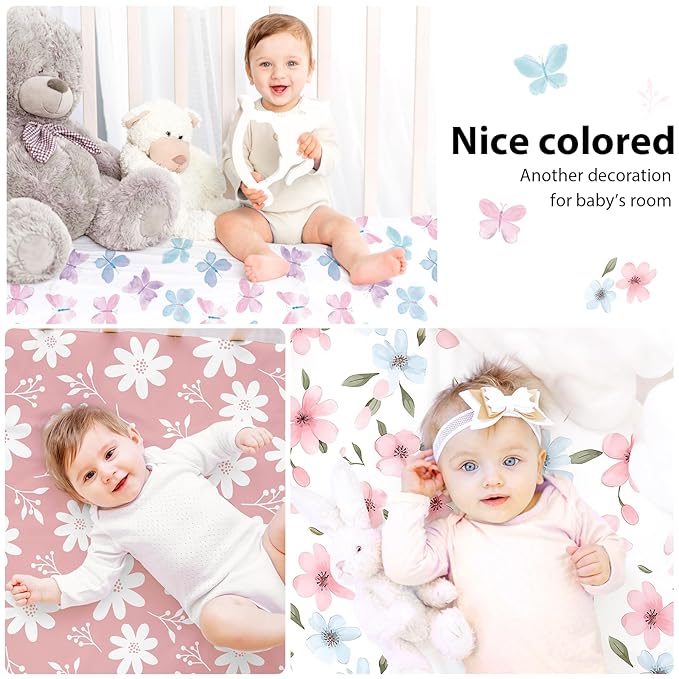 Baby Crib Sheets Girl, 3 Pack Toddler Bed Sheets Fit for 52”x28” Standard Crib and Toddler Mattresses, Super Soft Microfiber Pink Butterfly Flower