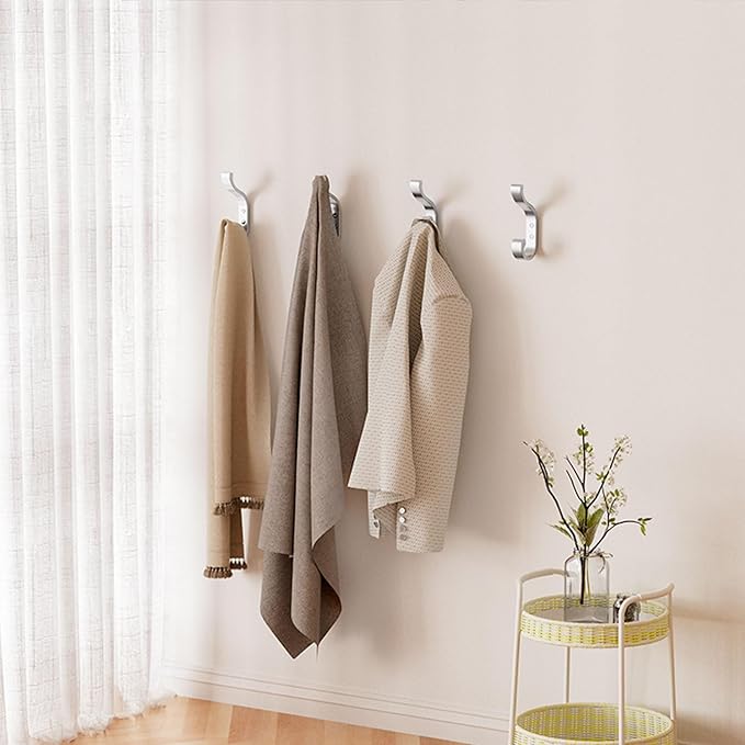 6-Pack Heavy Duty Wall Hooks - Hold 30LB for Backpacks, Towels, Coats, Keys, Clothes - Silver Wall Mounted Hooks for Bathroom, Closet, Door, Mudroom