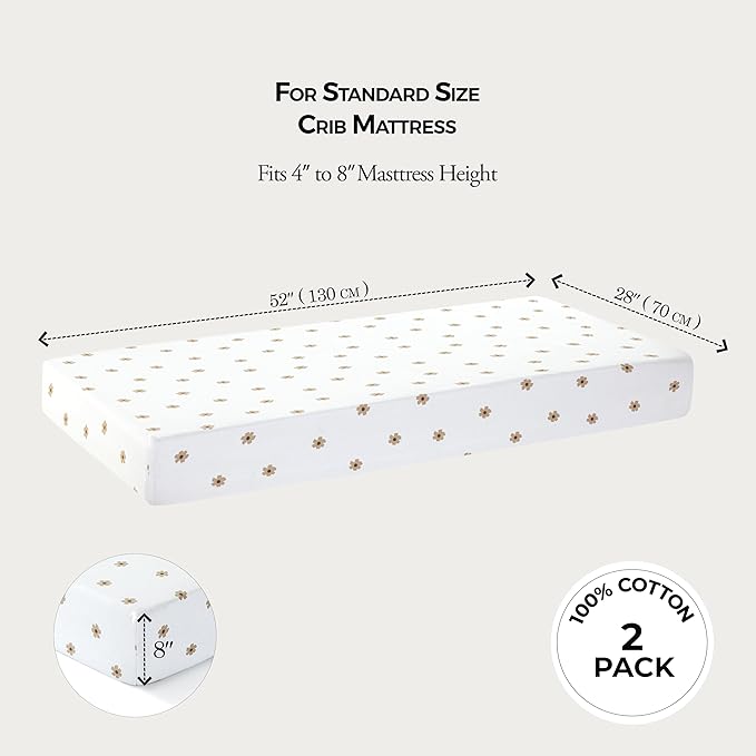 Dreamology Crib Sheets Cotton,2 Pack,Soft,Standard Crib Sheets,100% Cotton Crib Sheet,for Boy,Girl, Baby Mattress Sheets and Toddler Bed Sheets, 28x52 Crib Mattress Sheets | Brown and Flowers