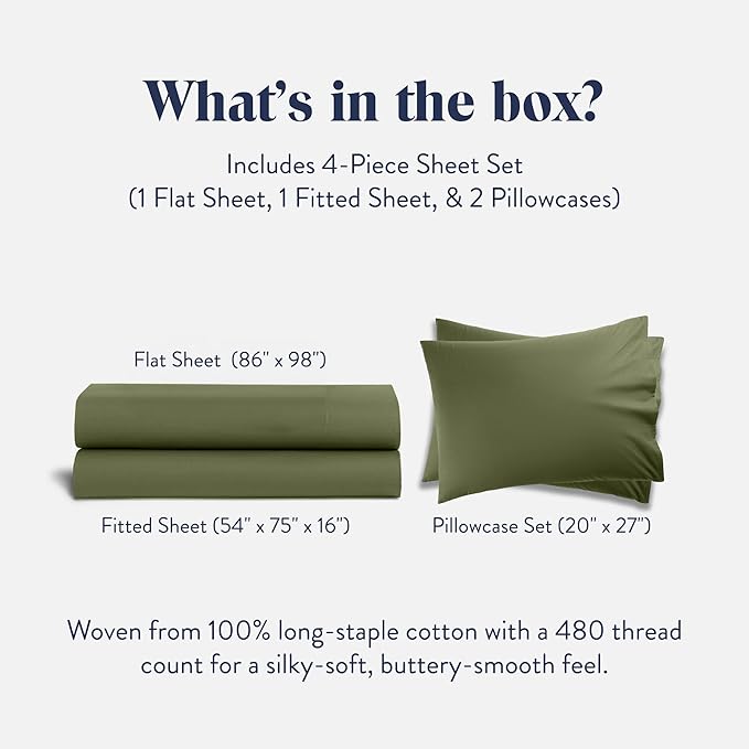 Brooklinen Luxury Sateen 4 Piece Sheet Set - 100% Cotton Bed Sheets, Soft & Durable Full Size Sheet Set in Fresh Moss, Oeko-TEX Certified Bedding Set, 1 Fitted Sheet, 1 Flat Sheet, 2 Pillowcases