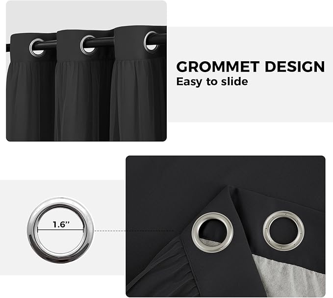 100% Blackout Curtains for Bedroom, Double Layer Black Curtains, Black Out Curtain 63 inch Long with Sheer Overlay for Living Room, Room Darkening Window Drapes with Grommet, 52" W x 63" L