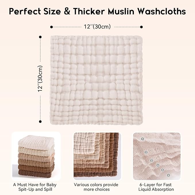 Unnivoll Muslin Baby Washcloths 6 Pack, 100% Cotton Wash Cloths for Babies, Large 12''X12'' Burp Cloths Absorbent and Soft for Newborn Infants Kids Boys Girls - Gradient Brown