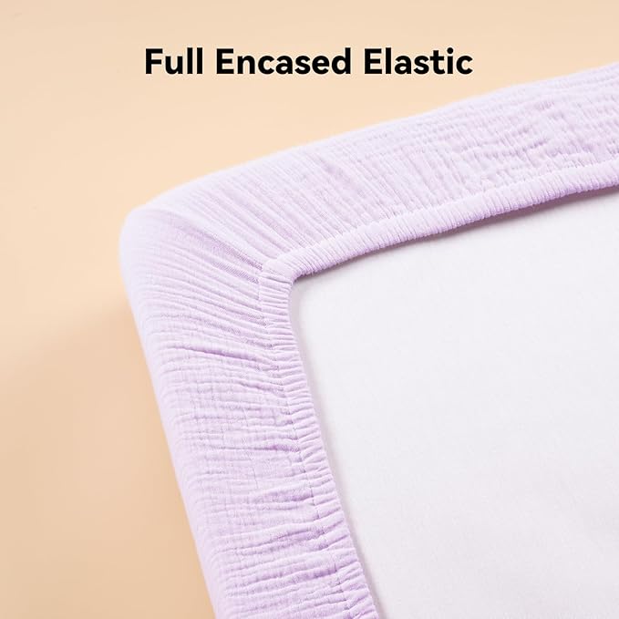 TILLYOU Muslin Mini Crib Sheets 2 Pack, Pack and Play Mattress Sheets Fitted for Pack N Play, 38 x 26 Sheet for Toddler, Grey and Purple