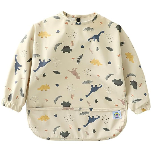 ARI MES Long Sleeves Waterproof Baby Bibs for Eating - Dinosaur, Medium- Wearable, Coverall for Toddler, Long Sleeve Bib, Smock Apron for Feeding - Applicable for 6-72 Months