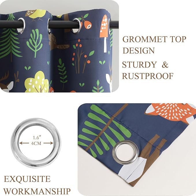 L.Z.E Navy Blue Kids Curtains for Bedroom Nursery, 85% Room Darkening Blackout Thermal Insulated Drapes for Boys Girls Room, Forest Animal Print Grommet Top 2 Panels Set, 52 x 108 Inch