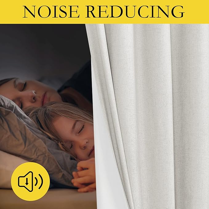 NICETOWN 100% Absolutely Blackout Linen Curtains 90 inch Length with Thermal Insulated White Liner, Off White, W52, 2 Pieces, Noise Reducing Textured Linen Look Windows Drapes for Classroom