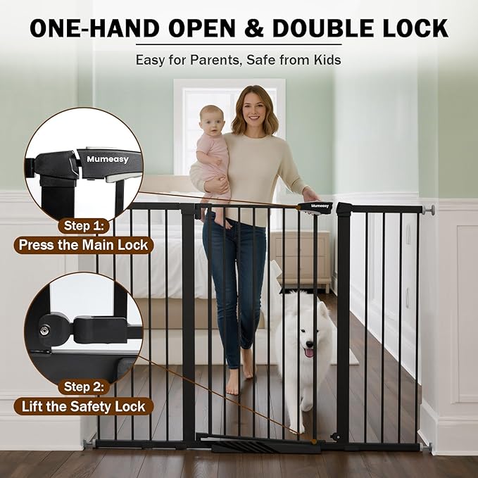 Mumeasy 36" Extra Tall Baby Gate for Doorways, 29.7"-57" Extra Wide Dog Gate for Stairs, Pressure Mounted Auto Close Pet Safety Gate with Easy Walk Thru Door, Large Indoor Child Gate for House, Black