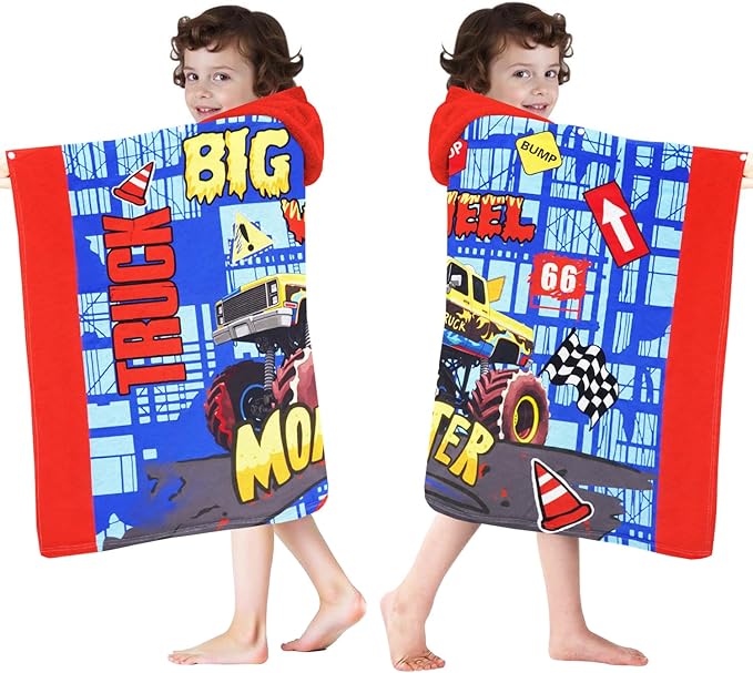 Hooded Beach Towels for Kids - Ultra Soft 100% Cotton Big Truck Toddler Hood Bath Towels/Pool Terry Towel Beach Poncho Wrap Absorbent Cute Bath & Swim Wrap Gift for Boys & Girls 3-10 Years - Blue