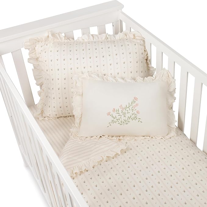 Ely's & Co. Mini Crib Bedding Set for Girls, 4 Piece Set Includes – 1 Fitted Mini Crib Sheet, Quilted Comforter and Decorative Pillowcase with Insert, Pink Linear Floral Collection