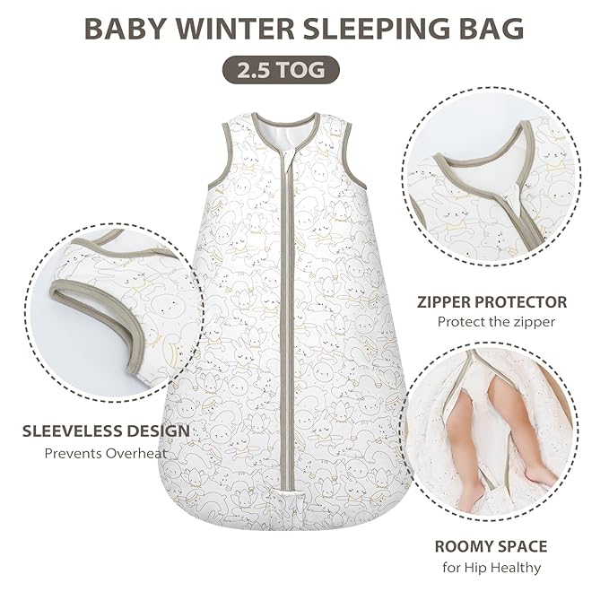Mosebears Sleep Sack Baby Winter Wearable Blanket with 2-Way Zipper,2.5 TOG Cotton Sleep Sack Unisex (Rabbit Cat, 12-18 Months)