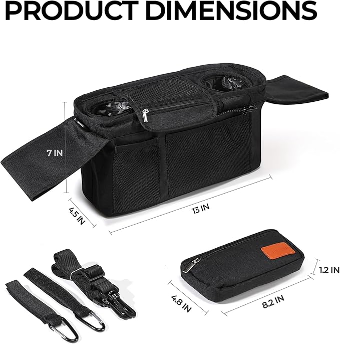 Stroller Organizer with Cup Holder Detachable Wristlet Large Capacity Baby Stroller Bag for Mom, Fits Uppababy, Baby Jogger, Britax, BOB, More (Black)