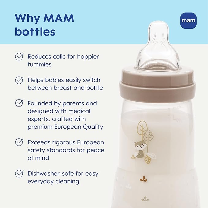 MAM 5oz Easy Start Anti-Colic Baby Bottles, Slow Flow with Bonus Medium Flow Nipple, Reduces Colic, Gas, & Reflux, Easy-to-Clean, BPA-Free, Baby Bottles for Newborns, 0-3 Months