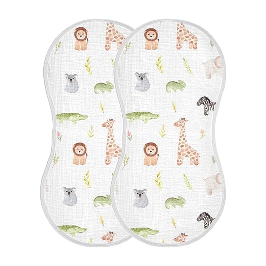 WELLDAY Muslin Baby Burp Cloths Set of 2, Soft Absorbent Safari Animals Muslin Washcloths, Bibs, Face Towel for Newborn Boys Girls, 22 x 11 Inch
