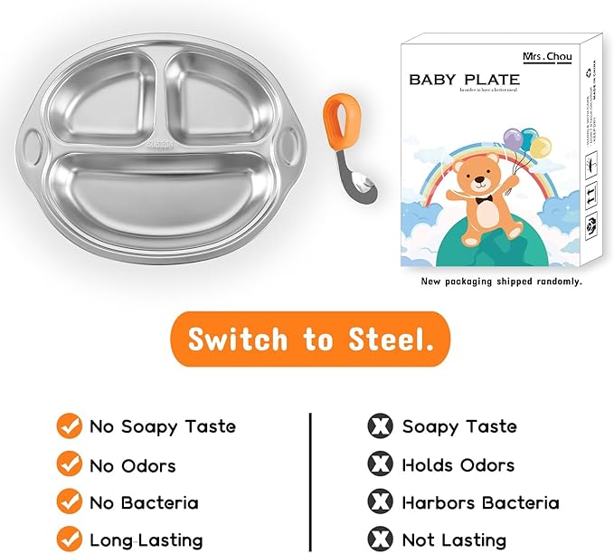 Mrs. Chou Stainless Steel Baby Suction Plates: Divided Plates for Babies & Toddlers, BPA-Free, Dishwasher Safe, Orange
