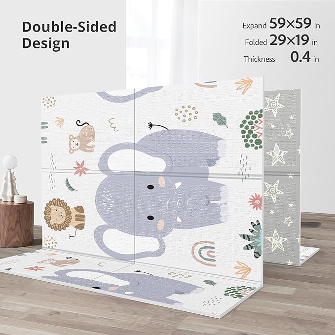 59x59 Foldable Foam Baby Play Mat for Floor, Babies Activity Tummy Time Playmat, Kids Non Toxic Foam Thick Play Mat for Baby, Toddlers, Waterproof & Anti-Slip Crawling Mats,Elephant,59x59x0.4