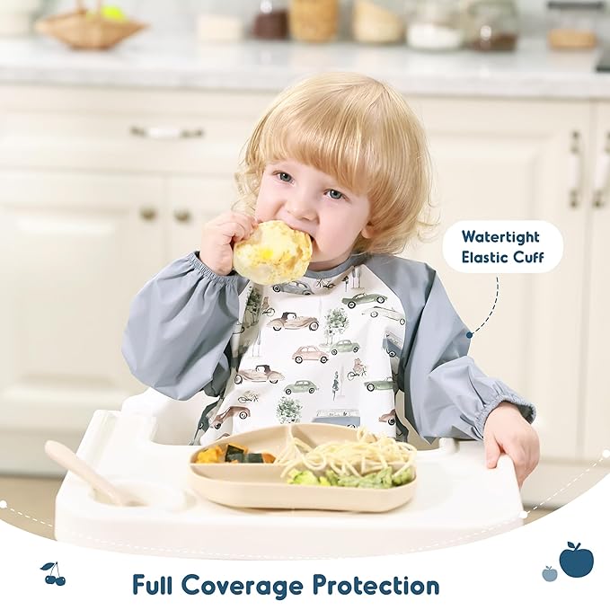 GRSSDER 2 Pack Long Sleeve Baby Feeding Bibs, Soft Waterproof Coverall Baby Led Weaning Bib with Large Food Catcher Pocket