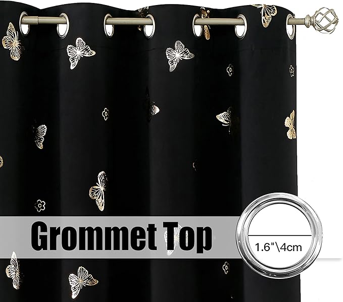 Jubilantex Butterfly Blackout Curtains 2 Panels 84 Inch Long for Girls Bedroom, Black and Gold Foil Print Floral Drapery 100% Room Darkening Grommet Top Window Drapes for Living Room, 52x84Inch
