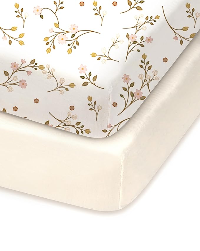 Pack and Play Sheets Fitted, Pink Vintage Floral&Beige, Soft and Safe, Hypoallergenic, 2 Pack for Baby Girls