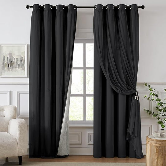 100% Blackout Curtains for Bedroom, Double Layer Black Curtains, Black Out Curtain 63 inch Long with Sheer Overlay for Living Room, Room Darkening Window Drapes with Grommet, 52" W x 63" L